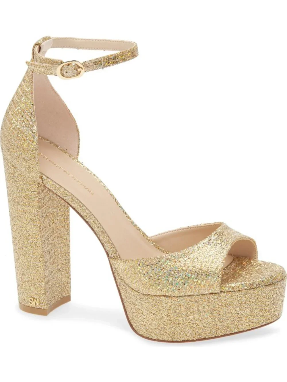 $575 STUART WEITZMAN Pamela Glitter SEQUINED Platform Sandal GOLD 8 (PD15)